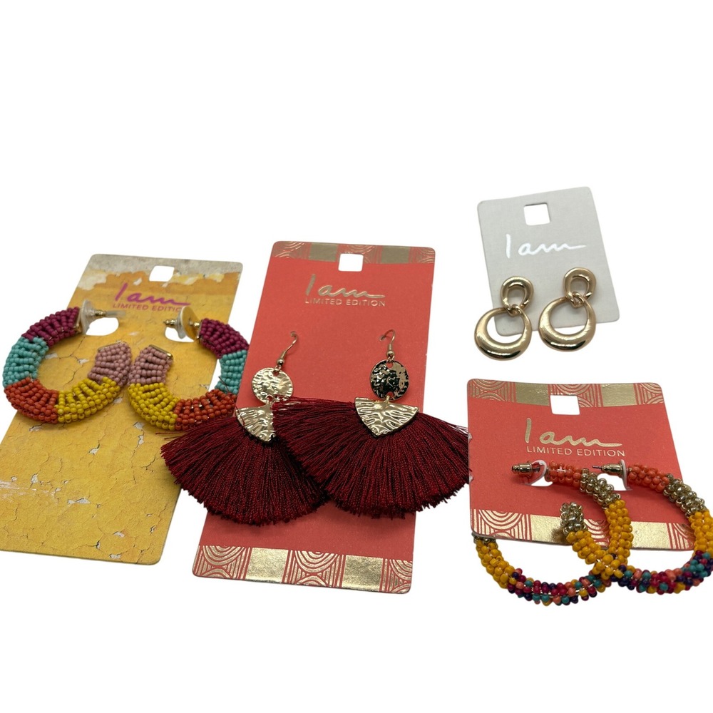 I Am Limited Edition Earring Lot 4 Pairs Beaded Hoops Tassel Gold Tone Dangles